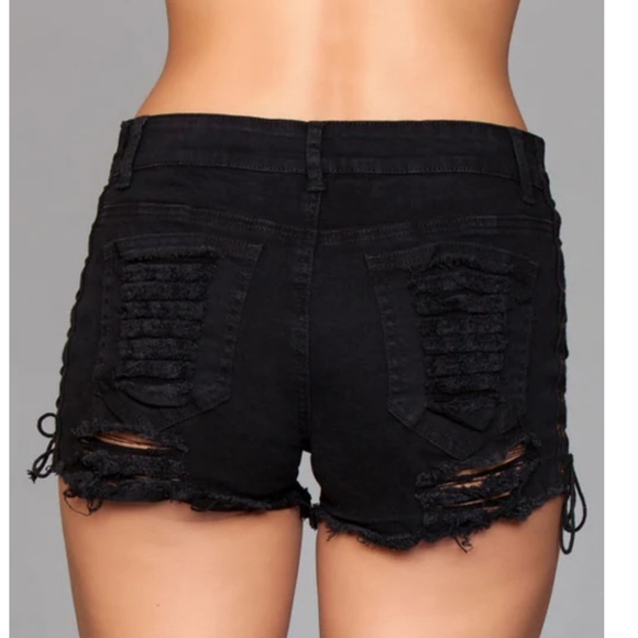 🔥 Sexy 🔥 Black Distressed Side Lace-up Mid-Rise Denim Jean Shorts Size Small - Picture 2 of 12